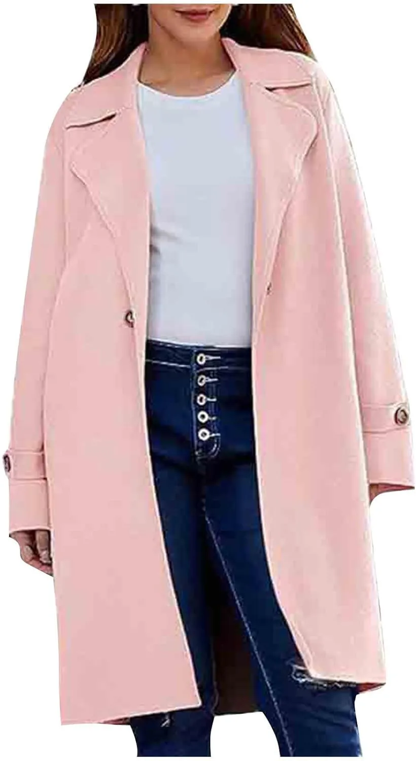 Pea Coats for Women Notch Collar Single Breasted Mid-Long Trench Coat Essential Winter Warm Casual Woolen Overcoat