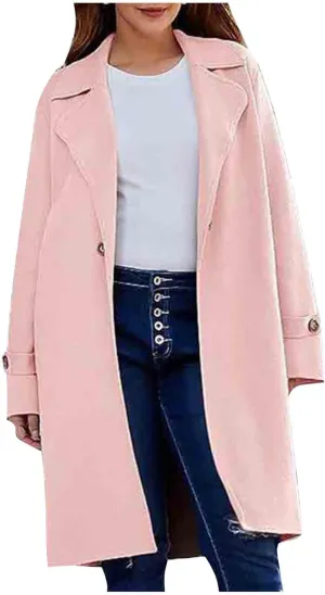 Pea Coats for Women Notch Collar Single Breasted Mid-Long Trench Coat Essential Winter Warm Casual Woolen Overcoat
