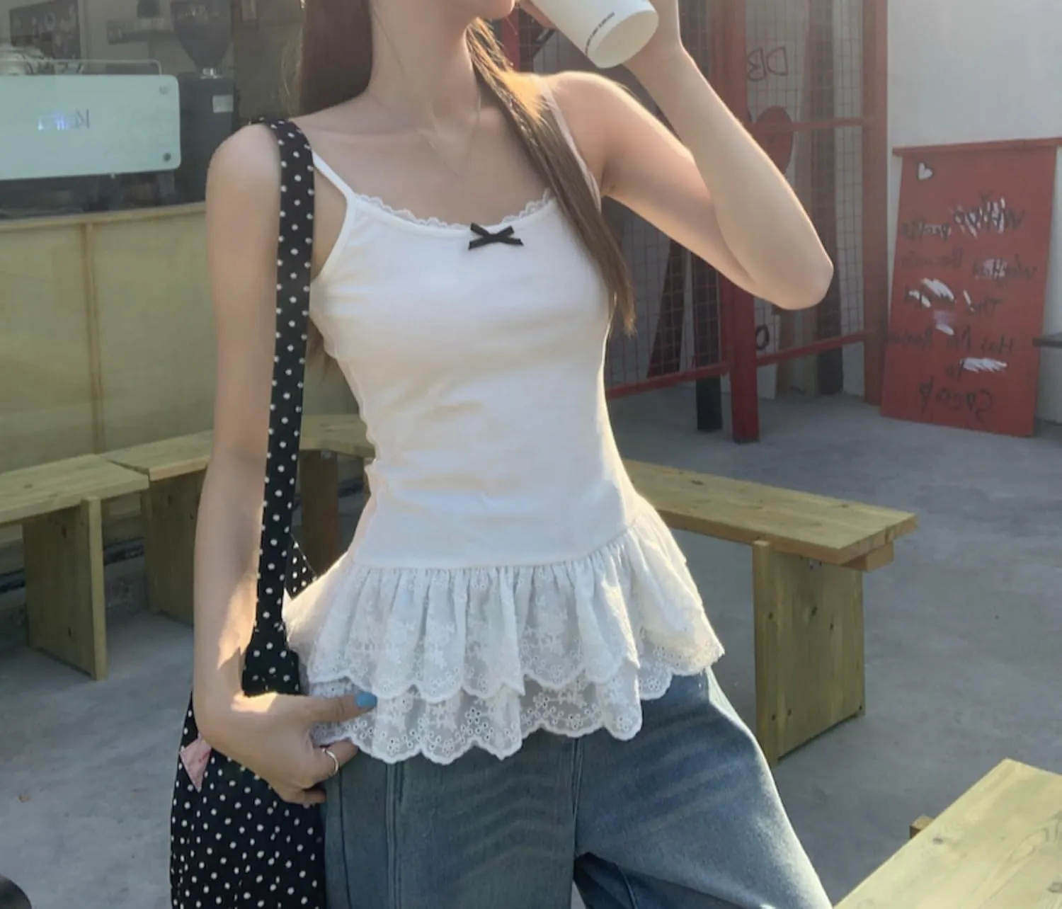 Peplum Top Ruffle Tank Top Lace Patchowrk Ballet Cutecore Clothes Women Camisole Tops Casual Streetwear Summer Outfit