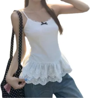 Peplum Top Ruffle Tank Top Lace Patchowrk Ballet Cutecore Clothes Women Camisole Tops Casual Streetwear Summer Outfit