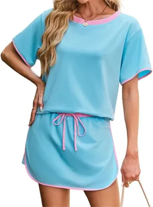 Pinklaura Short Set Summer Loose-Fitting Short-Sleeved Top Drawstring Short skirt Colorblock Drop Shoulder Top and Skort Set