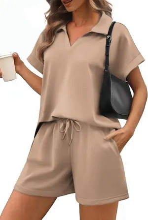 PINSPARK 2 Piece Sets for Women Summer Lounge Sets Short Sleeve Sweatsuit V-neck Tops and Drawstring Shorts Outfits Tracksuit