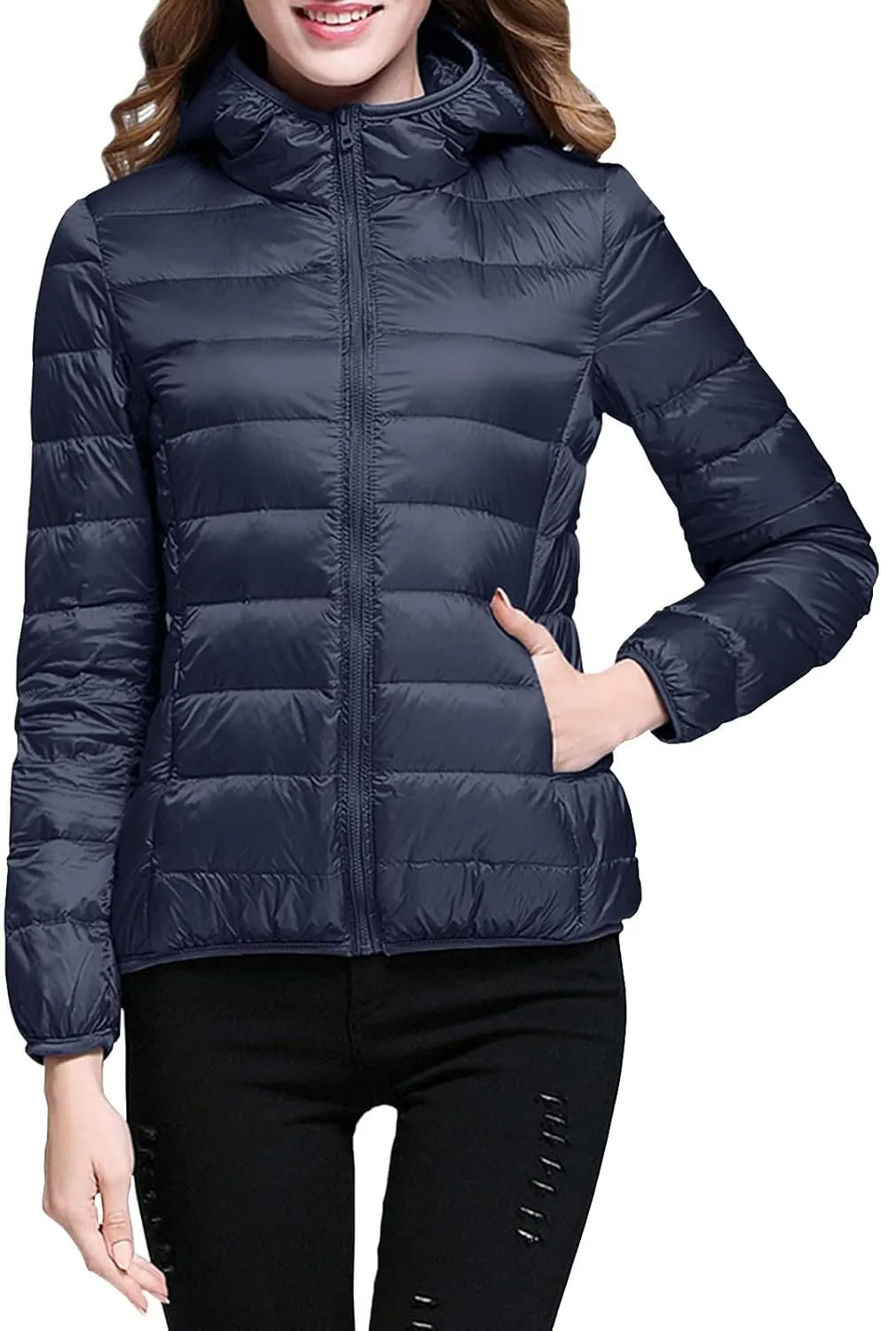 Puffer Jacket Womens Hooded Solid Color Casual Down Coat Winter 2023 Outwear Warm Down Jacket Lightweight Outerwear