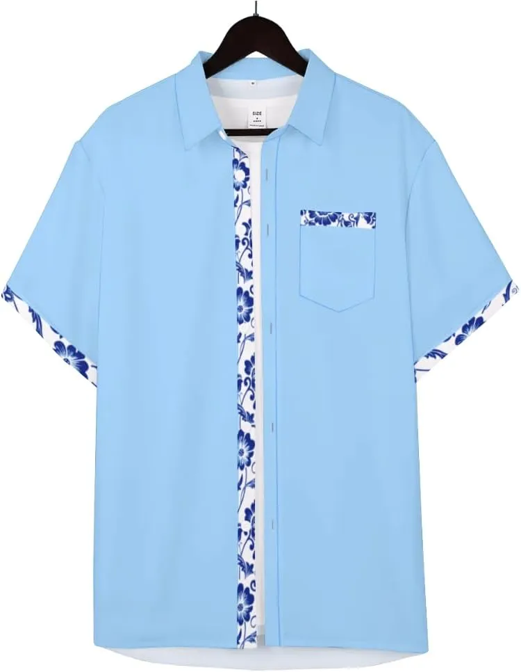 QIVICIMA Men's Hawaiian Shirt Linen Short Sleeve White Pink Sky Blue Button Down Shirt Casual Print Shirts