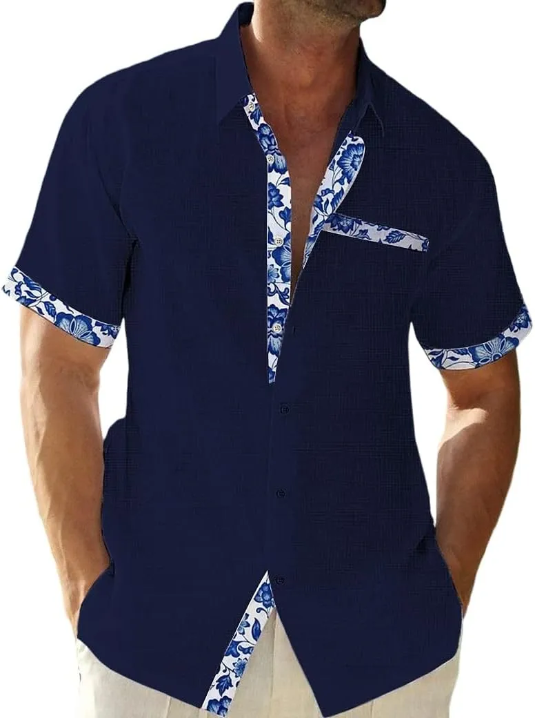 QIVICIMA Men's Hawaiian Shirt Linen Short Sleeve White Pink Sky Blue Button Down Shirt Casual Print Shirts