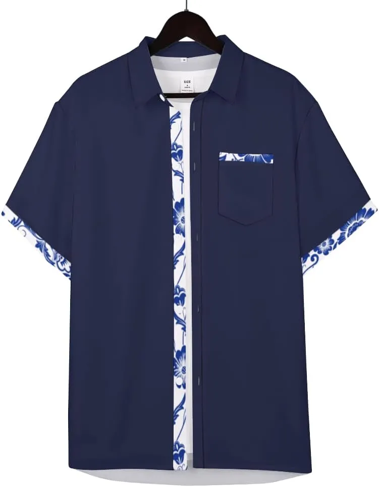 QIVICIMA Men's Hawaiian Shirt Linen Short Sleeve White Pink Sky Blue Button Down Shirt Casual Print Shirts