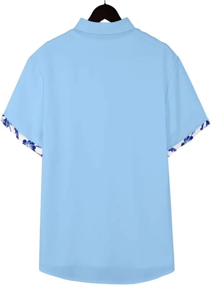 QIVICIMA Men's Hawaiian Shirt Linen Short Sleeve White Pink Sky Blue Button Down Shirt Casual Print Shirts