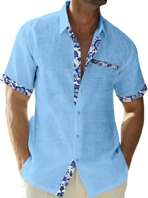 QIVICIMA Men's Hawaiian Shirt Linen Short Sleeve White Pink Sky Blue Button Down Shirt Casual Print Shirts
