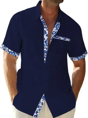 QIVICIMA Men's Hawaiian Shirt Linen Short Sleeve White Pink Sky Blue Button Down Shirt Casual Print Shirts