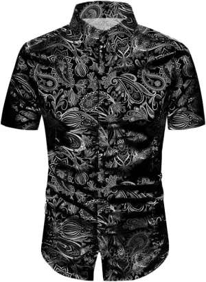 QZH.DUAO Mens 70s Disco Party Shirts Casual Paisley Button Down Shirt Vintage Floral Hawaiian Beach Short Sleeve Shirt