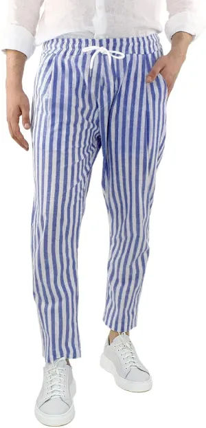 Rela Bota Mens Fashion Cotton Linen Pants Casual Striped Chino Dress Slim Fit Drawstring Slack Straight Trousers