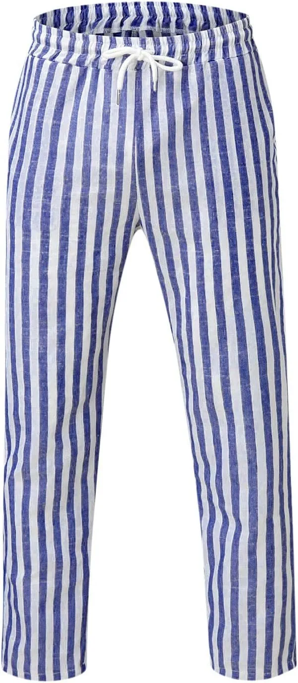 Rela Bota Mens Fashion Cotton Linen Pants Casual Striped Chino Dress Slim Fit Drawstring Slack Straight Trousers