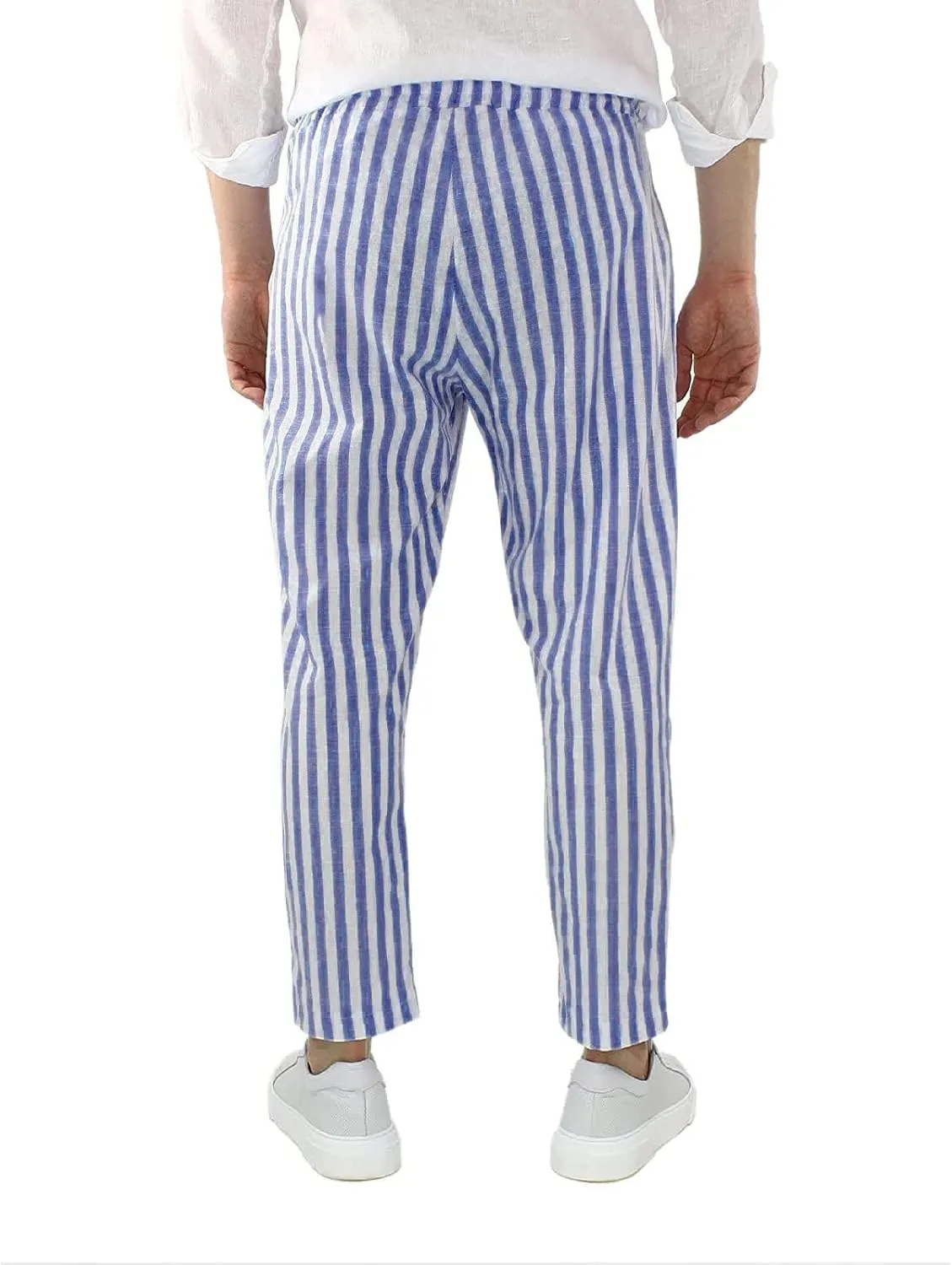 Rela Bota Mens Fashion Cotton Linen Pants Casual Striped Chino Dress Slim Fit Drawstring Slack Straight Trousers