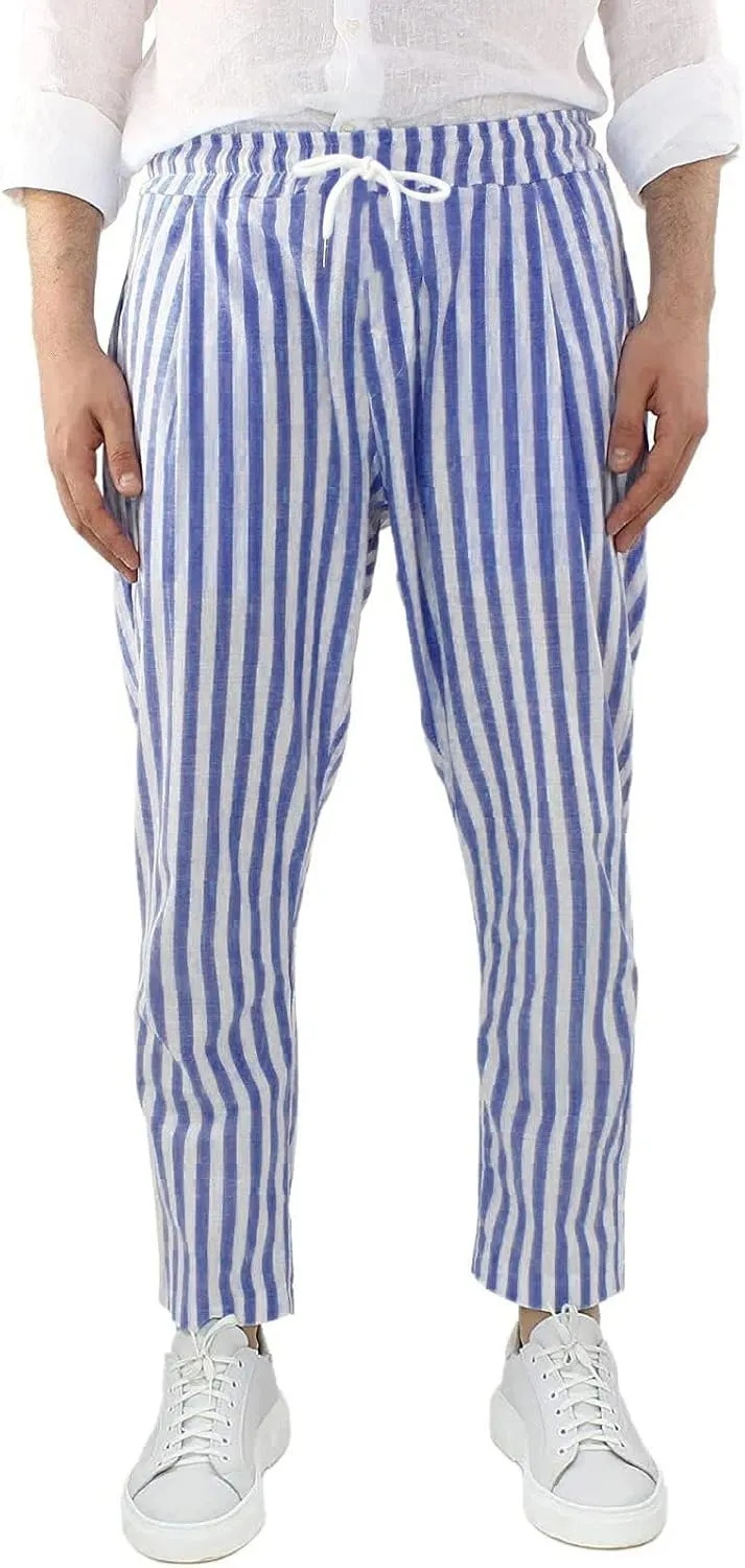 Rela Bota Mens Fashion Cotton Linen Pants Casual Striped Chino Dress Slim Fit Drawstring Slack Straight Trousers