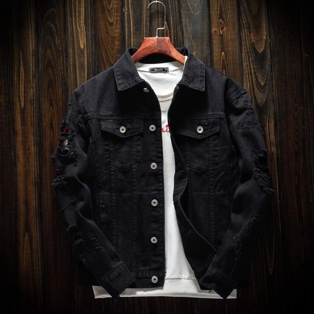 Ripped Denim Jacket for Men Baggy Style Winter Long Sleeve Top Stylish WindbreakerFall