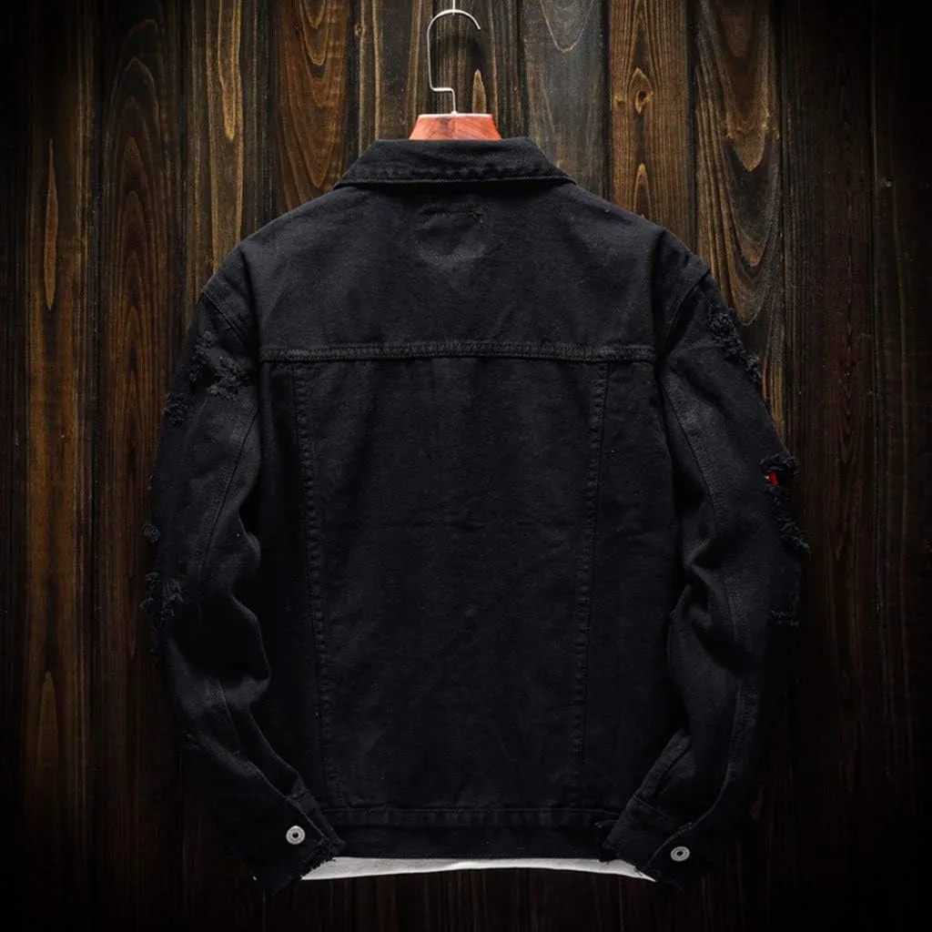Ripped Denim Jacket for Men Baggy Style Winter Long Sleeve Top Stylish WindbreakerFall