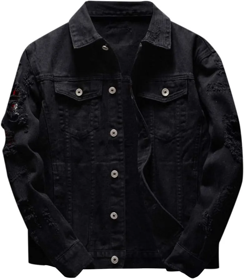 Ripped Denim Jacket for Men Baggy Style Winter Long Sleeve Top Stylish WindbreakerFall