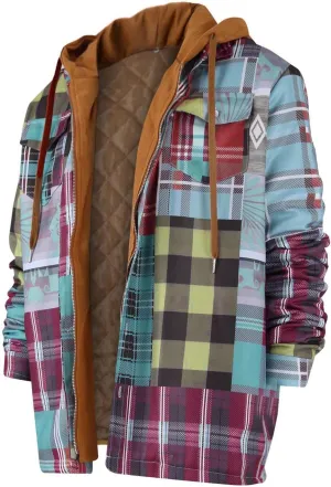 RTRDE Men's Button Down Long Sleeve Shirts Hooded Jacket Plaid Shirts Quilted Lined Fall Winter Coat Shirt, M-5XL