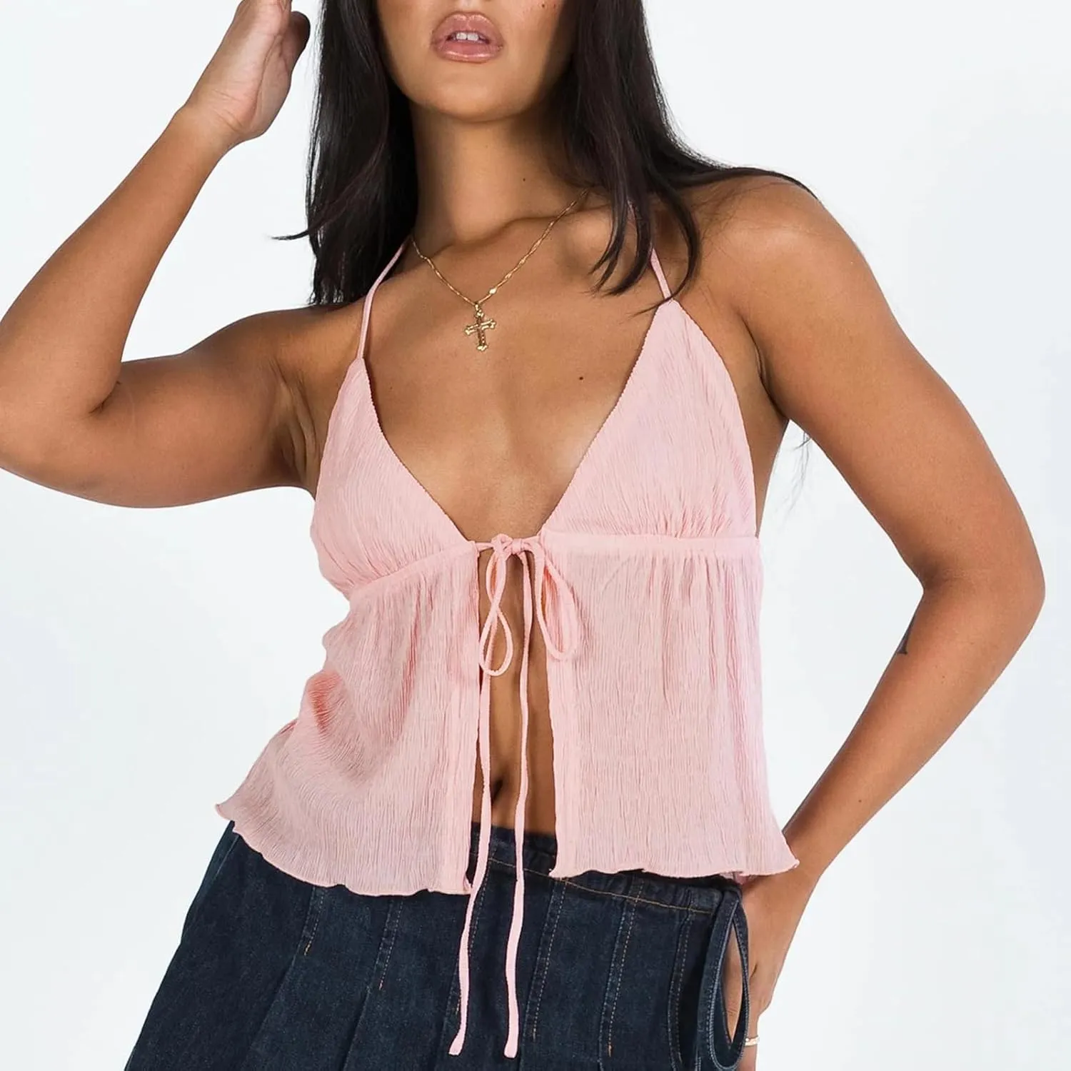 RUEWEY Women Y2K Backless Crop Top Vintage Sexy Tie Up Halter Deep V Neck Spaghetti Strap Cami Top Streetwear