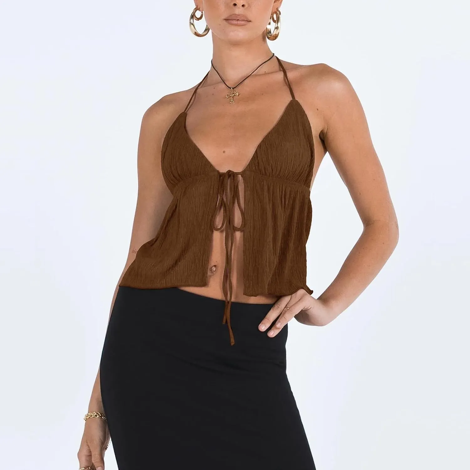 RUEWEY Women Y2K Backless Crop Top Vintage Sexy Tie Up Halter Deep V Neck Spaghetti Strap Cami Top Streetwear
