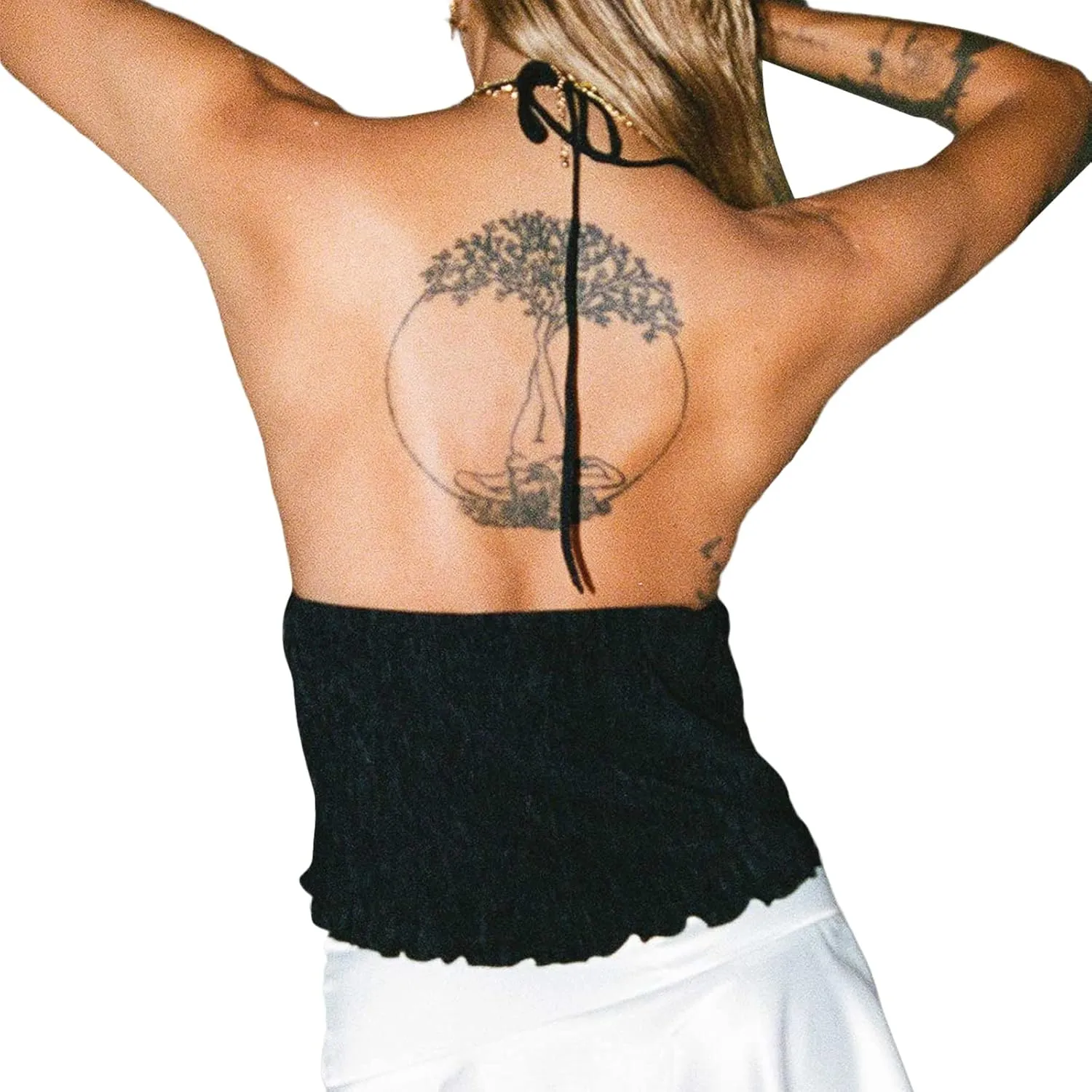 RUEWEY Women Y2K Backless Crop Top Vintage Sexy Tie Up Halter Deep V Neck Spaghetti Strap Cami Top Streetwear