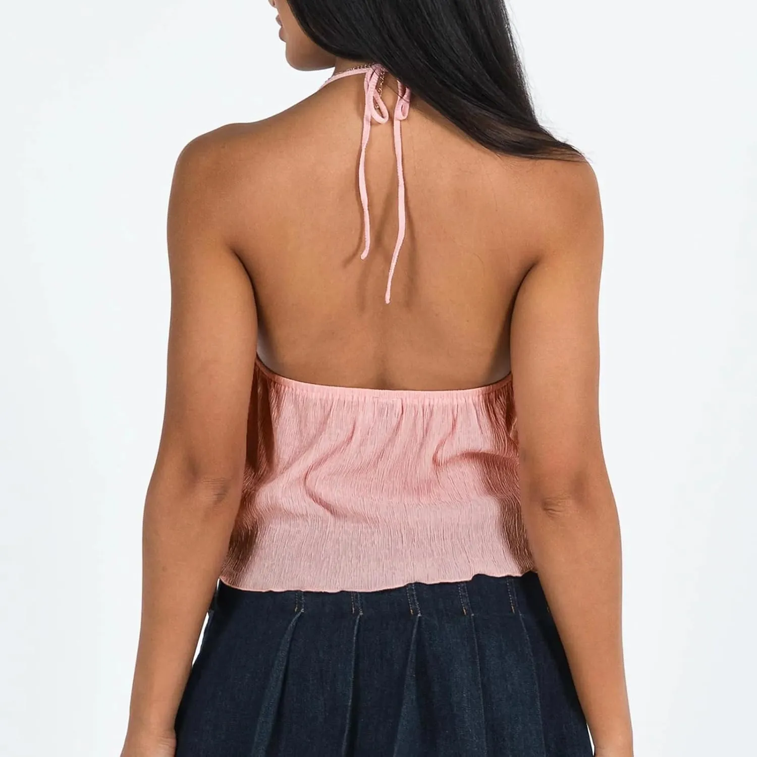 RUEWEY Women Y2K Backless Crop Top Vintage Sexy Tie Up Halter Deep V Neck Spaghetti Strap Cami Top Streetwear