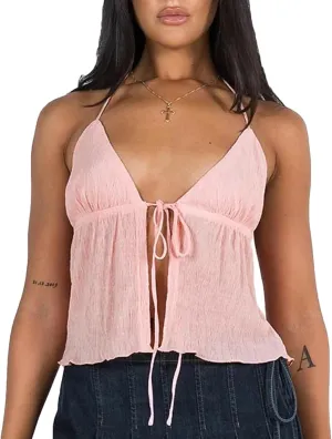 RUEWEY Women Y2K Backless Crop Top Vintage Sexy Tie Up Halter Deep V Neck Spaghetti Strap Cami Top Streetwear