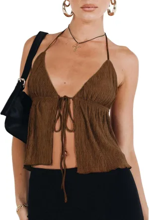 RUEWEY Women Y2K Backless Crop Top Vintage Sexy Tie Up Halter Deep V Neck Spaghetti Strap Cami Top Streetwear