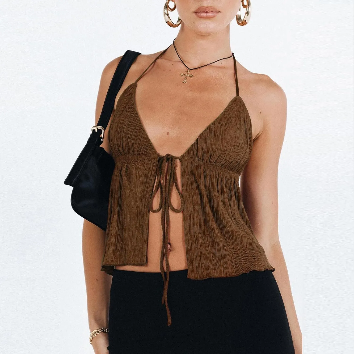 RUEWEY Women Y2K Backless Crop Top Vintage Sexy Tie Up Halter Deep V Neck Spaghetti Strap Cami Top Streetwear