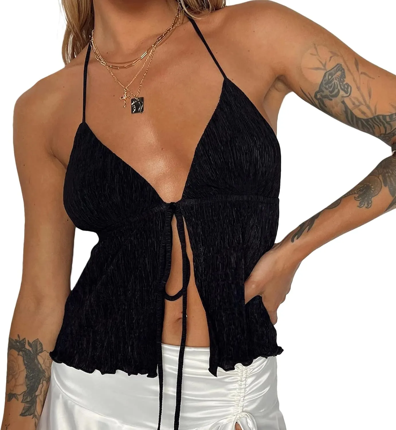 RUEWEY Women Y2K Backless Crop Top Vintage Sexy Tie Up Halter Deep V Neck Spaghetti Strap Cami Top Streetwear