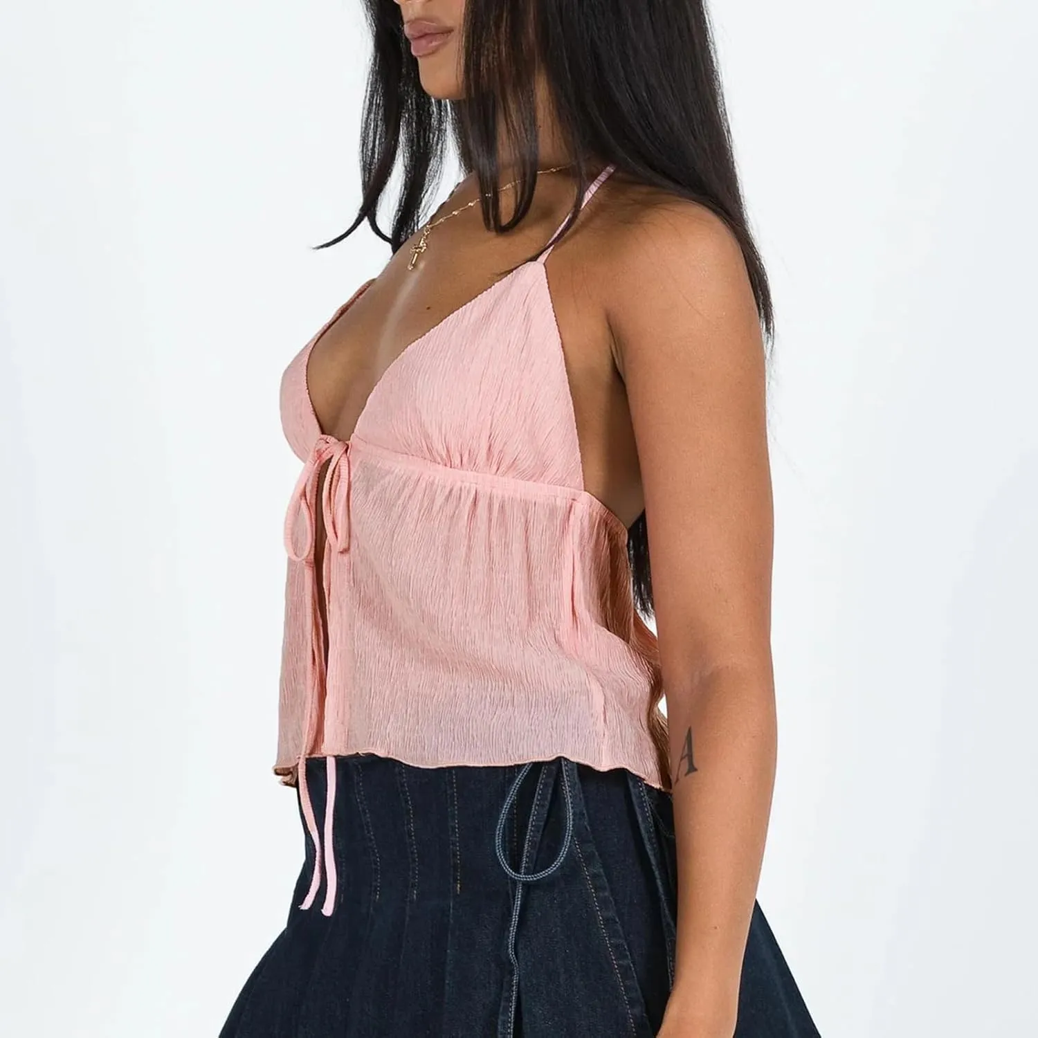 RUEWEY Women Y2K Backless Crop Top Vintage Sexy Tie Up Halter Deep V Neck Spaghetti Strap Cami Top Streetwear