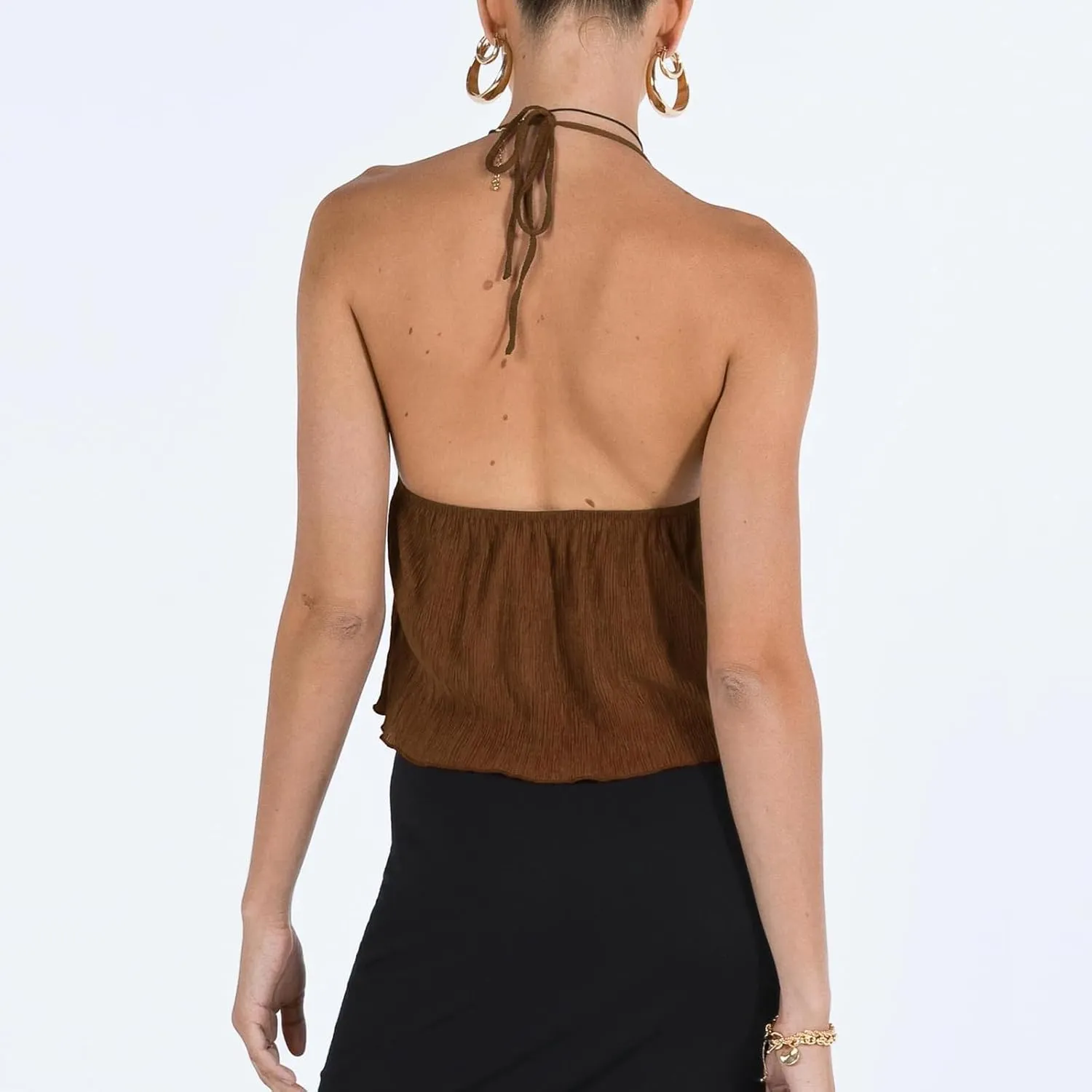 RUEWEY Women Y2K Backless Crop Top Vintage Sexy Tie Up Halter Deep V Neck Spaghetti Strap Cami Top Streetwear