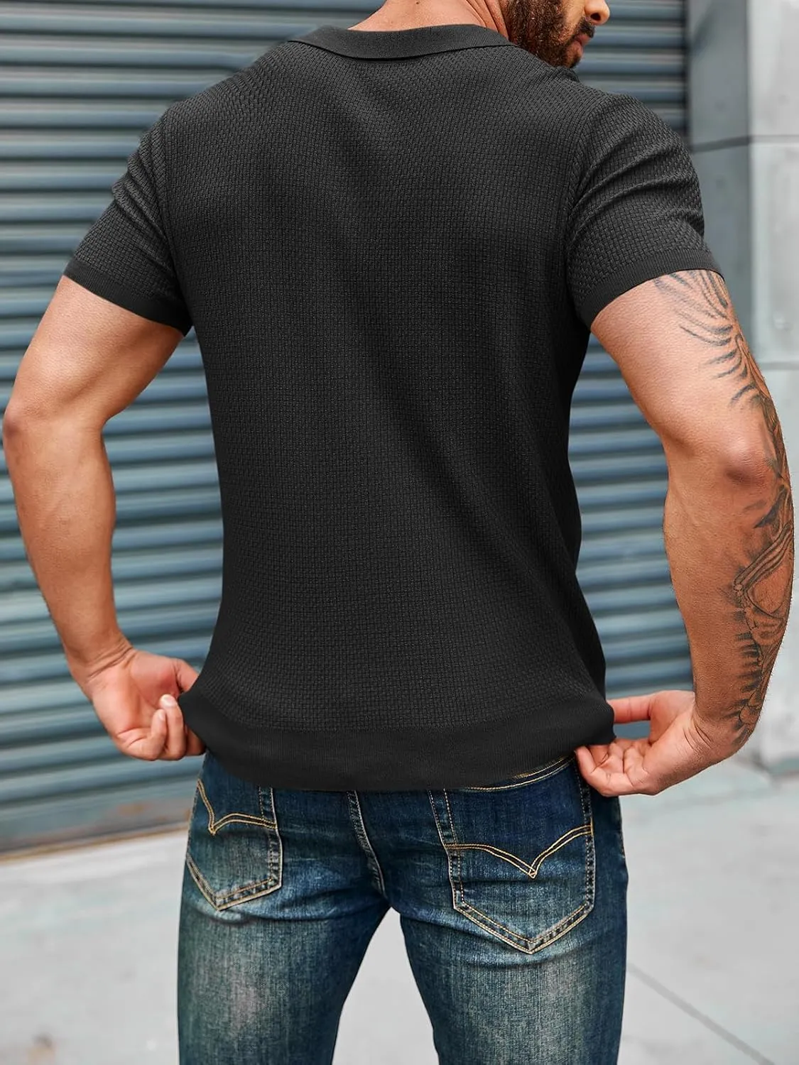 Runcati Mens Knitted Polo Shirt Muscle Short Sleeve V Neck Stretch Casual Slim Fit Vintage Ribbed Golf T-Shirt