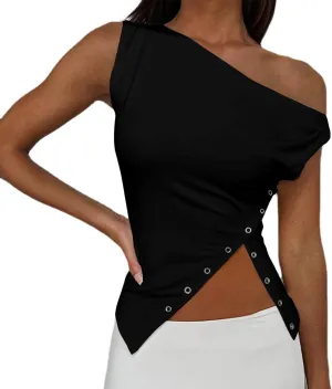SAFRISIOR Women One Shoulder Button Sexy Crop Top Solid Sleeveless Off Shoulder Asymmetric Crop Tank Top Vest Tee Shirt