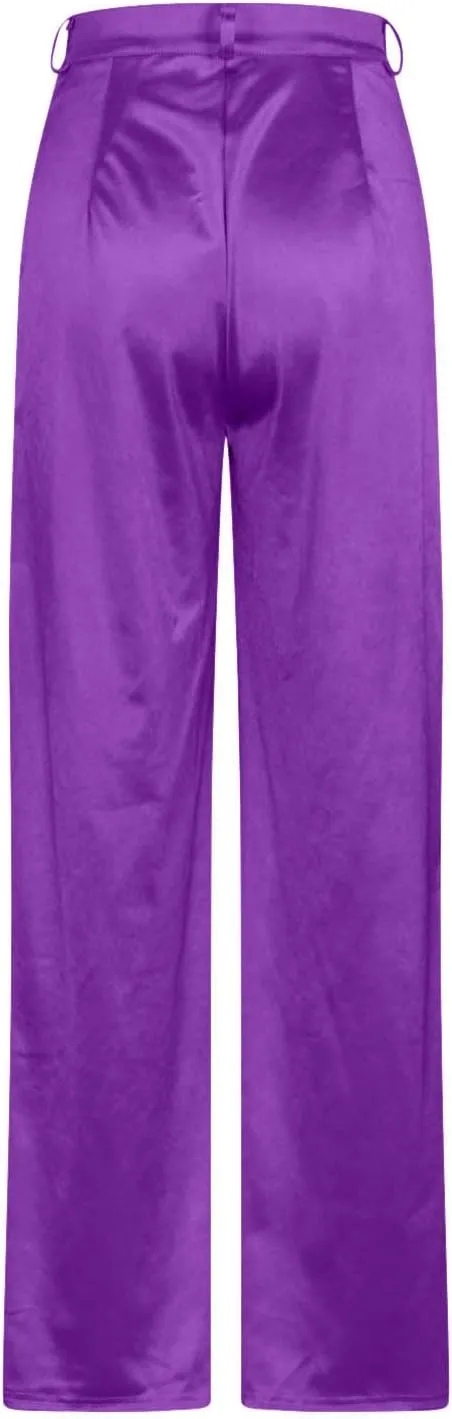 Satin Cargo Pants for Women High Waist Multiple Pockets Straight Wide Leg Trouser Casual Outdoor Flowy Palazzo Pants