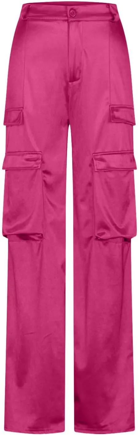 Satin Cargo Pants for Women High Waist Multiple Pockets Straight Wide Leg Trouser Casual Outdoor Flowy Palazzo Pants