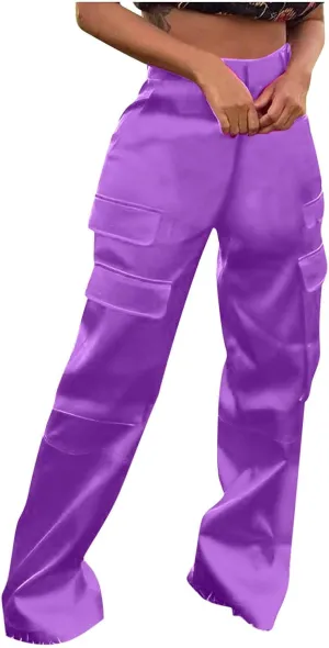Satin Cargo Pants for Women High Waist Multiple Pockets Straight Wide Leg Trouser Casual Outdoor Flowy Palazzo Pants