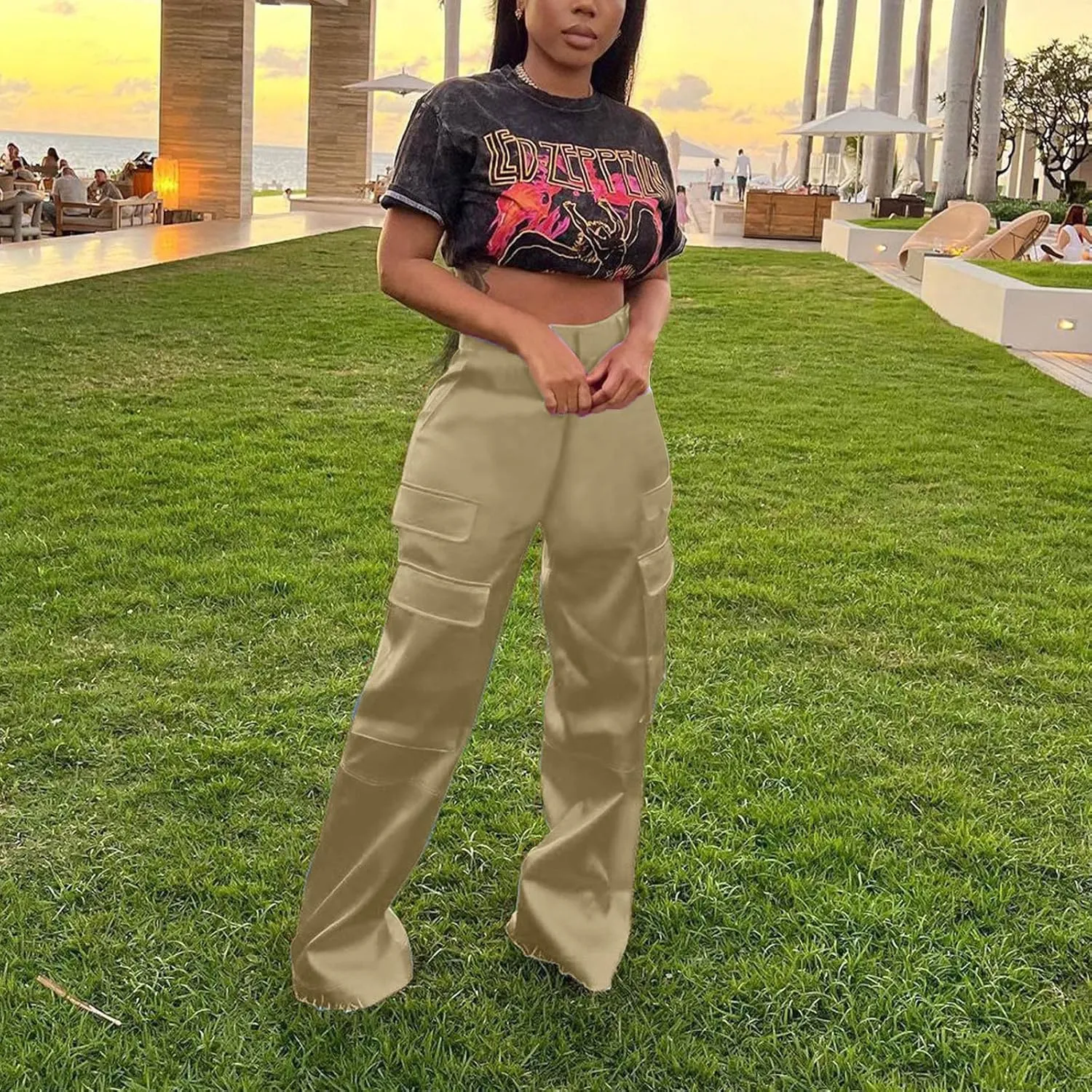 Satin Cargo Pants for Women High Waist Multiple Pockets Straight Wide Leg Trouser Casual Outdoor Flowy Palazzo Pants