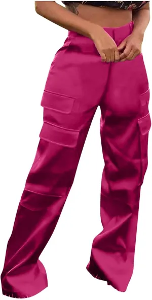 Satin Cargo Pants for Women High Waist Multiple Pockets Straight Wide Leg Trouser Casual Outdoor Flowy Palazzo Pants