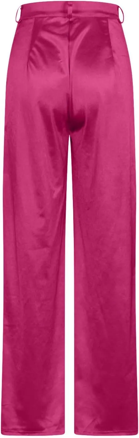Satin Cargo Pants for Women High Waist Multiple Pockets Straight Wide Leg Trouser Casual Outdoor Flowy Palazzo Pants