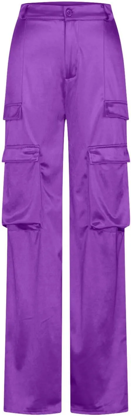 Satin Cargo Pants for Women High Waist Multiple Pockets Straight Wide Leg Trouser Casual Outdoor Flowy Palazzo Pants