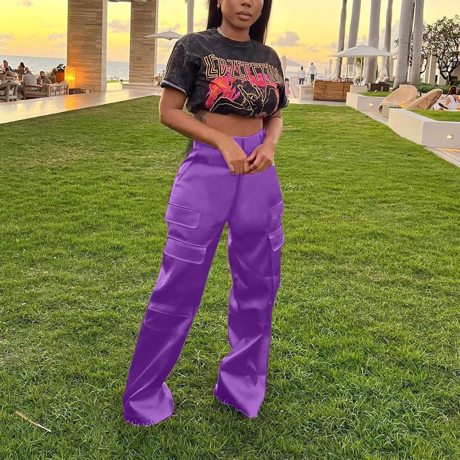 Satin Cargo Pants for Women High Waist Multiple Pockets Straight Wide Leg Trouser Casual Outdoor Flowy Palazzo Pants