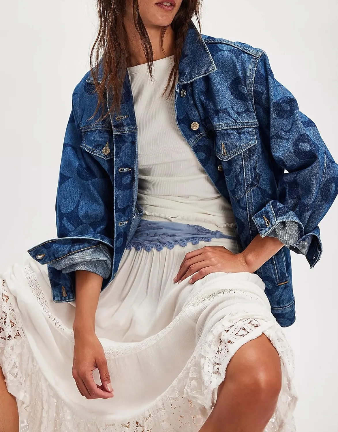 SCOFEEL Women's Printed Denim Jacket Oversized Long Sleeve Button Down Loose Fit Jean Jacket Coat with Pockets