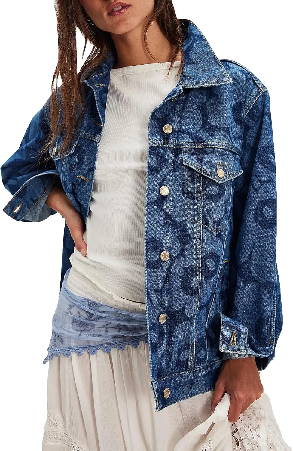 SCOFEEL Women's Printed Denim Jacket Oversized Long Sleeve Button Down Loose Fit Jean Jacket Coat with Pockets