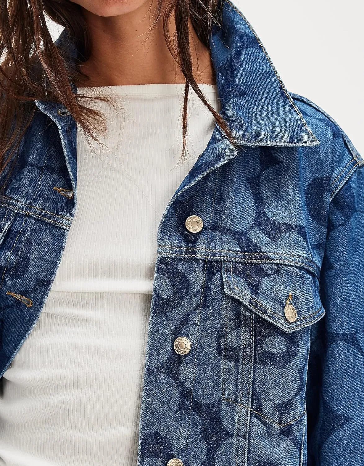 SCOFEEL Women's Printed Denim Jacket Oversized Long Sleeve Button Down Loose Fit Jean Jacket Coat with Pockets
