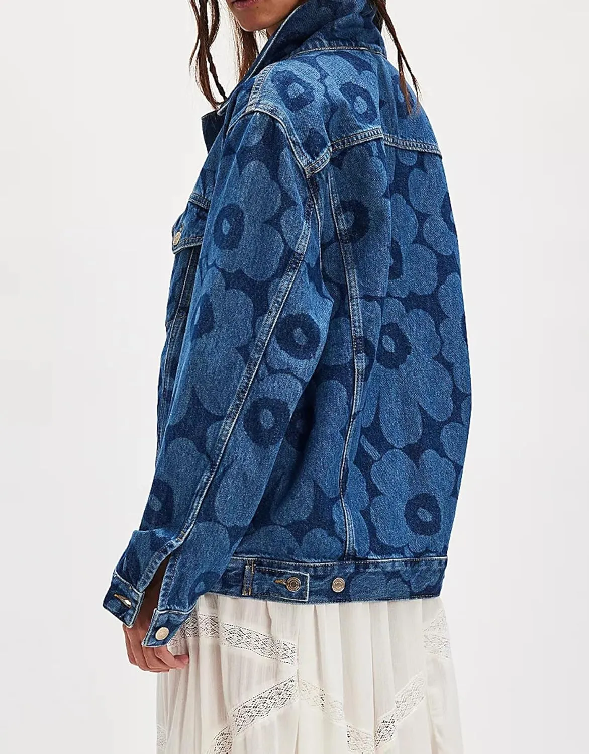 SCOFEEL Women's Printed Denim Jacket Oversized Long Sleeve Button Down Loose Fit Jean Jacket Coat with Pockets
