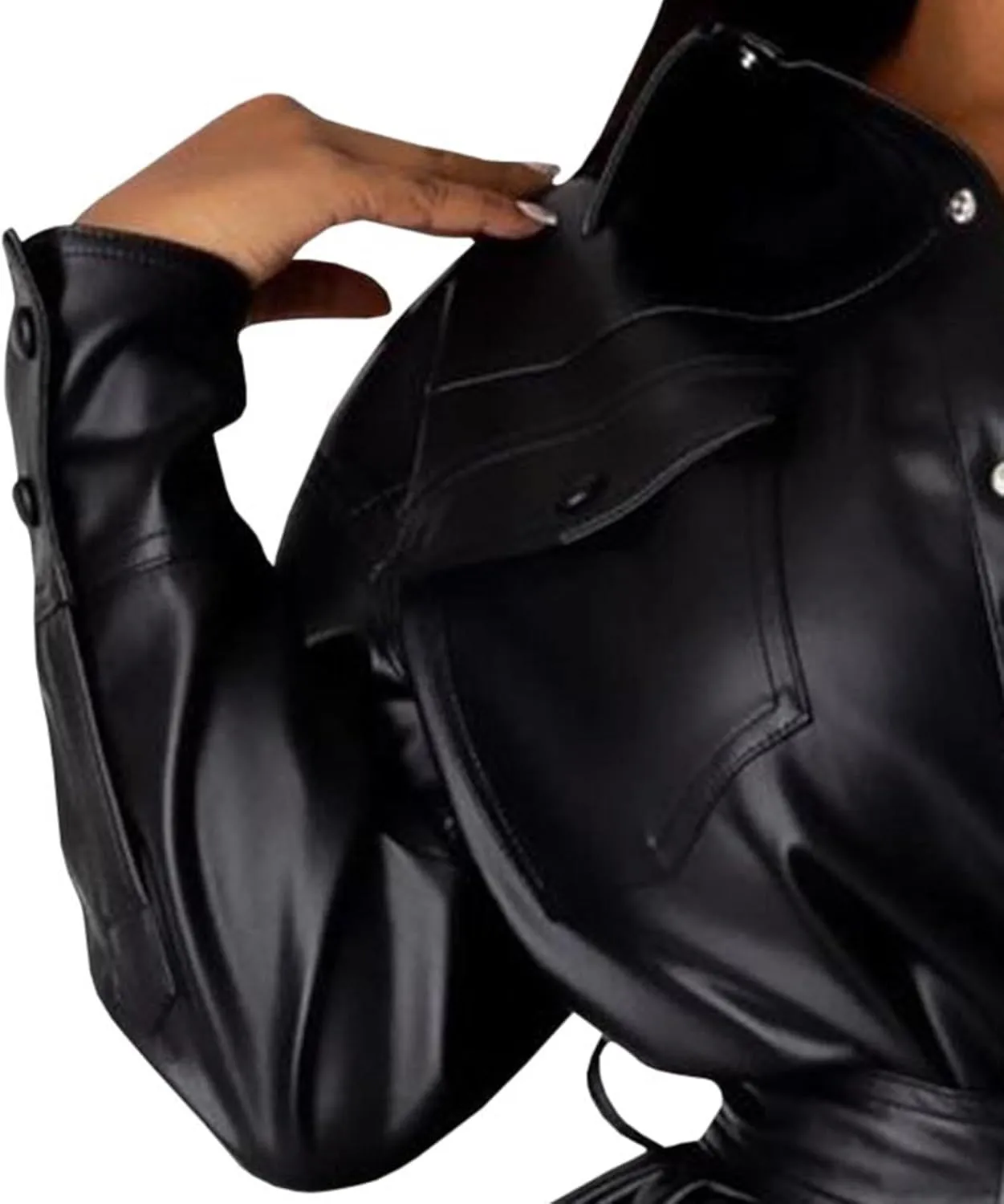 Sexyshine Women's Faux Leather Blouse Shirt Jacket Shacket Button Long Sleeve Lapel PU Leather Tunic Dress Moto Biker Shirt