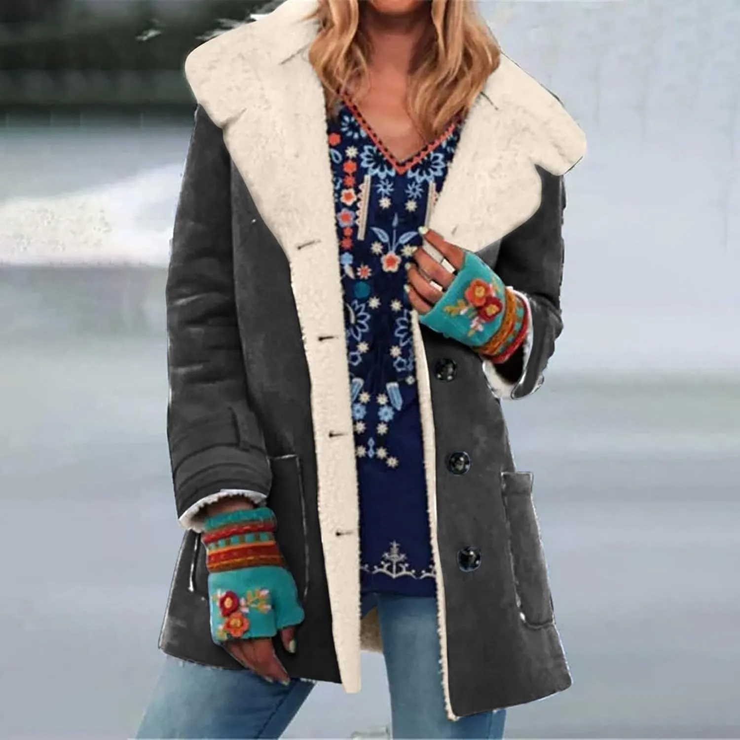Sherpa Jacket Women Fleece Coat Oversized Solid Color Lapel Velvet Jacket Button Down Winter Fuzzy Outwear Coat