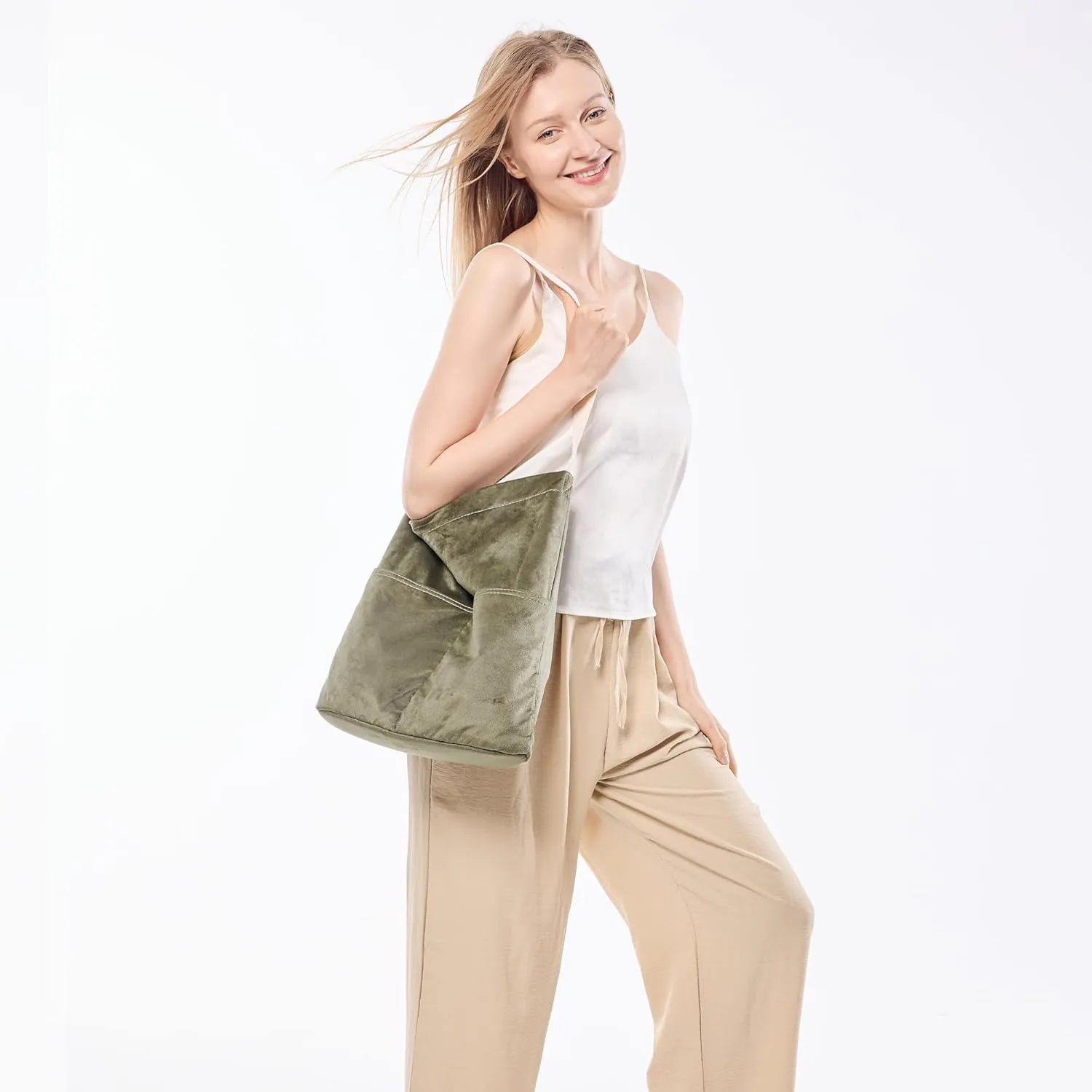 Soft Velvet Plushed Tote Bag for Women Hobo Bag Durable Shoulder Bag with Buckle for College Travel Handbag