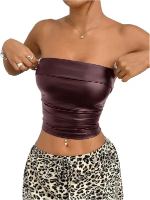 SOLY HUX Women's Faux Leather Crop Tube Top Strapless Sexy Going Out Bandeau Top Party Rave Concert Outfit